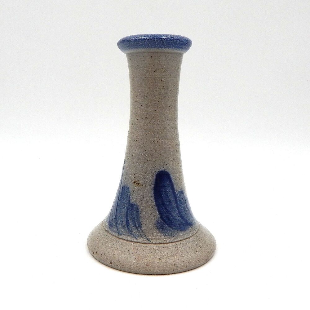 Rowe Pottery Works Salt Glazed Candle Holder 5 Inch Grey Blue Taper Candlestick